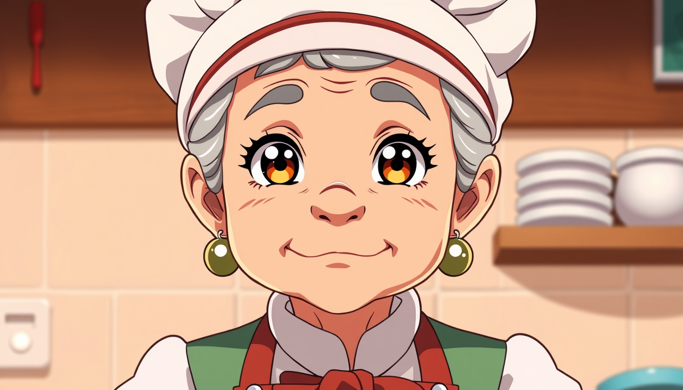 Anime idea: anime style, vibrant colors, expressive eyes, similar looking "cooking mama" old grandma chef cel shaded toon character , detailed anime illustration