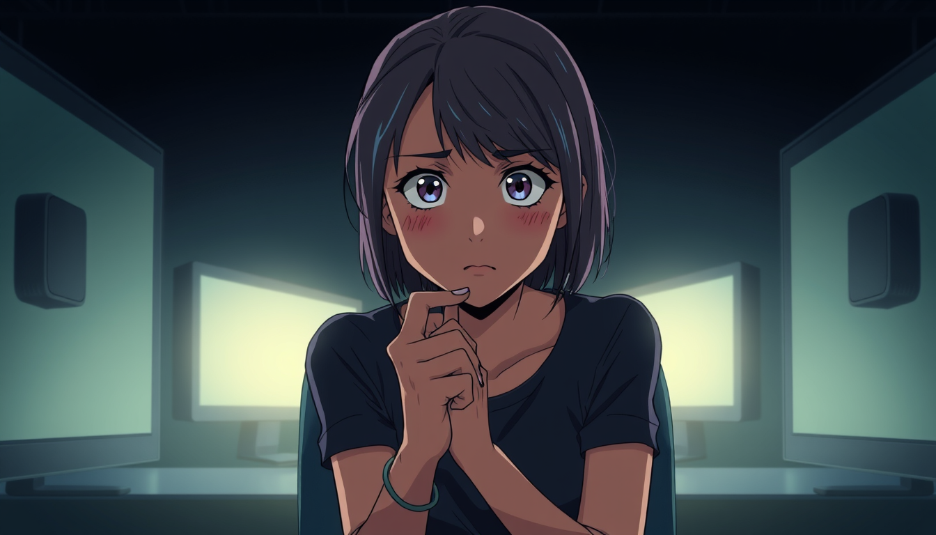 Main art studio: Cinematic anime-style illustration of a young woman sitting alone in a dim room, surrounded by several large glowing computer screens. She stares inte