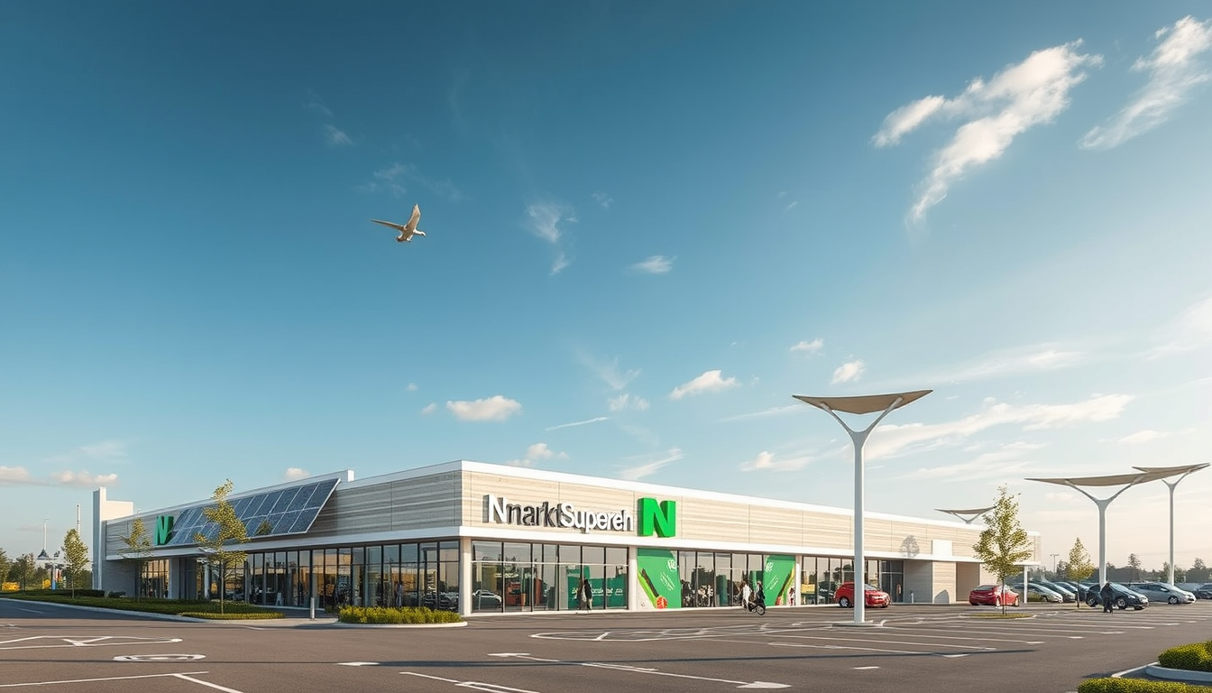 Main art studio: In Bremen gibt es die Firma Nehlsen. Erstelle einen futuristischen und nachhaltigen Supermarkt mit großem Parkplatz mit Ladesäulen und PV Anlage auf d