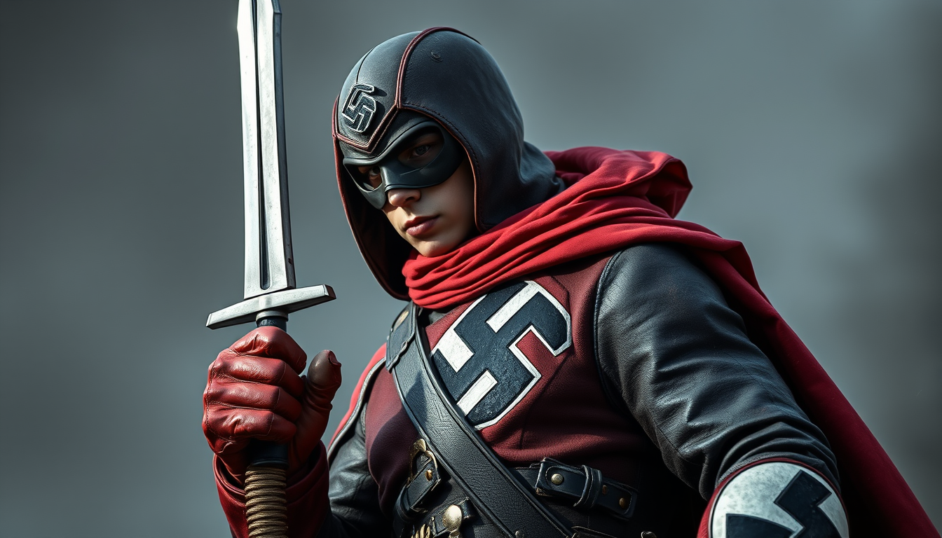 AI Art prompt example created from the prompt: A nationalsocialist superhero with swastika at his outfit and a weapon formed Like a swastika called "Hakenkreuzmann" saving arian children