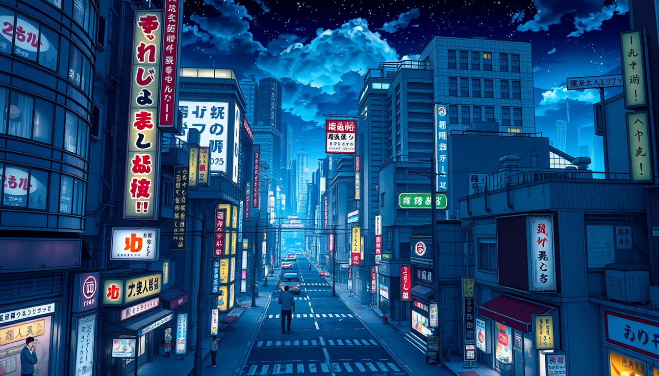 Main art studio: Tokyo at night, anime style, detailed city streets, skyscrapers, Japanese signs