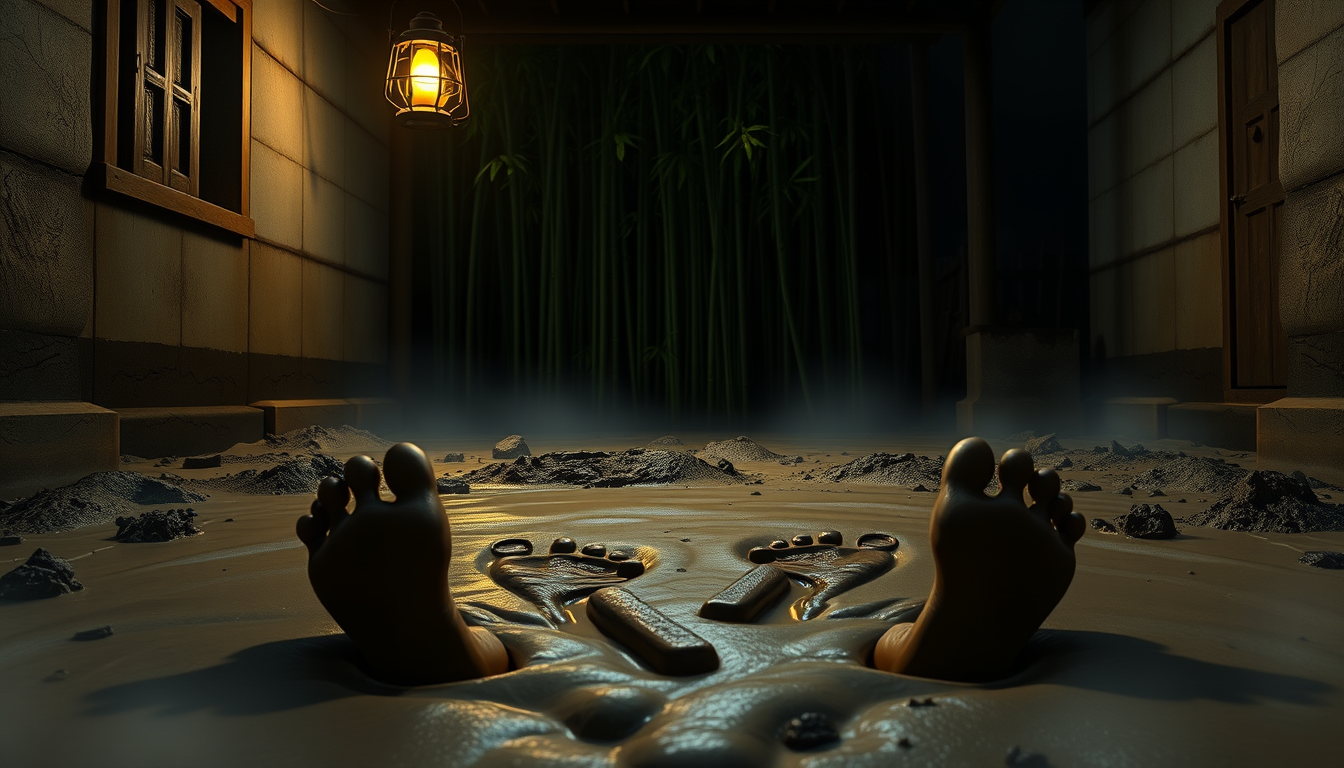 Main art studio: Semi-realistic 3D cartoon Bengali horror. Close-up of strange wet footprints in the muddy courtyard beneath a rural house window at night. The prints 