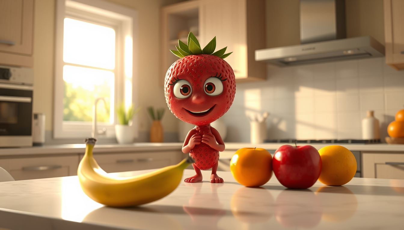 Main art studio: Une fraise rouge réaliste avec de grands yeux expressifs, un sourire joyeux, de petits bras et de petites jambes. Elle se tient debout au milieu d'une