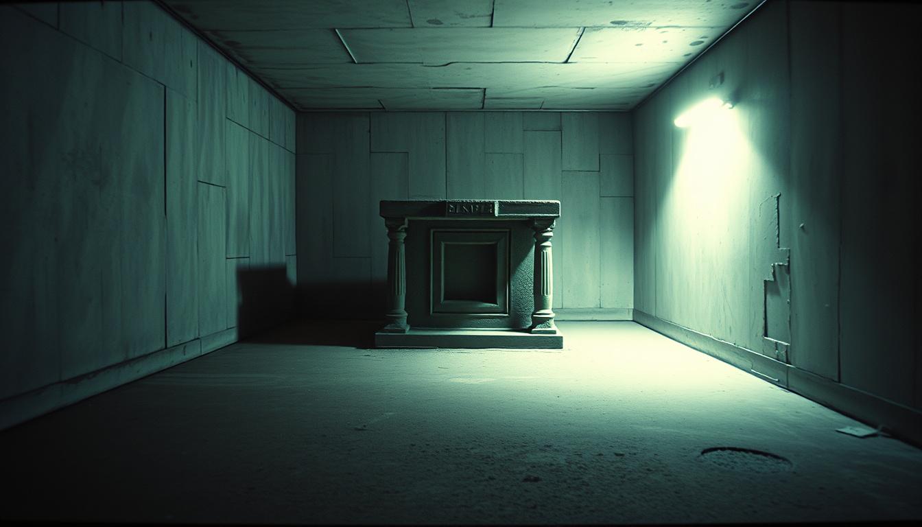 Main art studio: "A mysterious ancient stone box sitting alone in a dark abandoned containment room, SCP Foundation style, realistic security camera photo, old concret