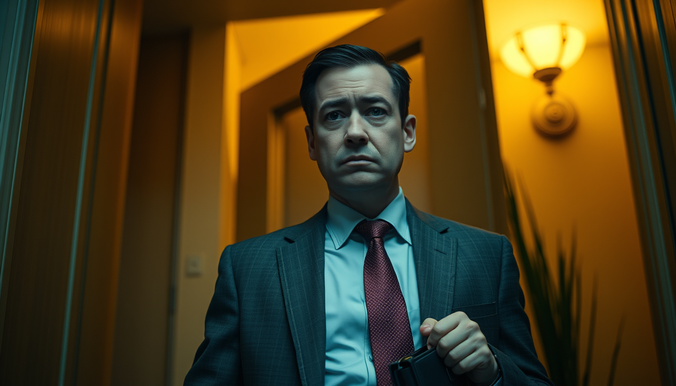 Main art studio: Cinematic medium shot of a 35-year-old Kazakh man entering his home in the evening, wearing suit and tie, holding a briefcase, looking tired and exhau