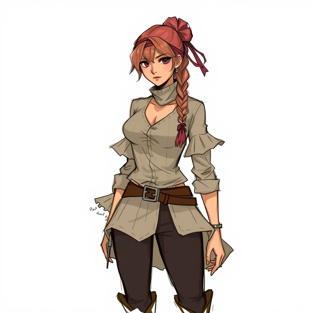 Main art studio: Fantasy concept art style, sketchy messy art style, pommeplisa on twitter art style, Adult woman thief, dusty pink-dirty blonde braided bun with chopp
