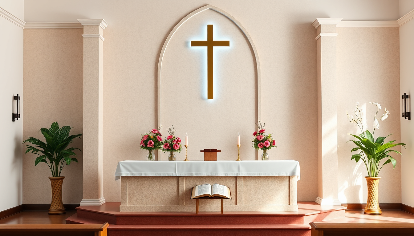Main art studio: Modelo para un altar de iglesia evangélica de Asambleas de Dios, incluye 2 gradas que cubra todo el espacio, en la esquinas qué sobre alaga la redknde