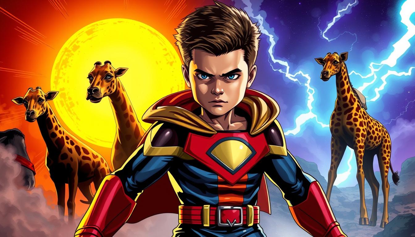 Superhero idea: original superhero character design, dynamic pose, bold costume, dramatic lighting, comic art energy, boy in the front of the images, with labrador wi