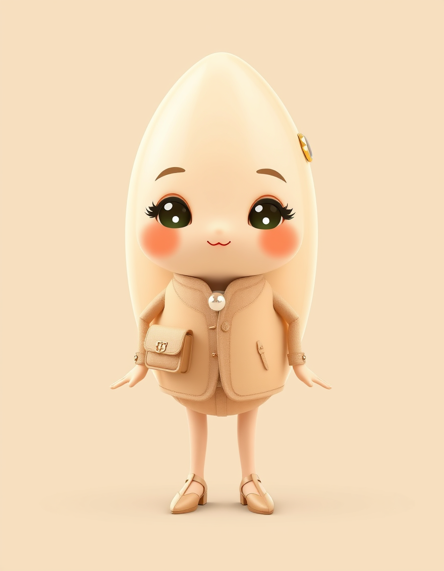 Characters idea: original character design, detailed outfit and accessories, expressive personality, “A sophisticated cute almond mascot, elegant almond-shaped body, t