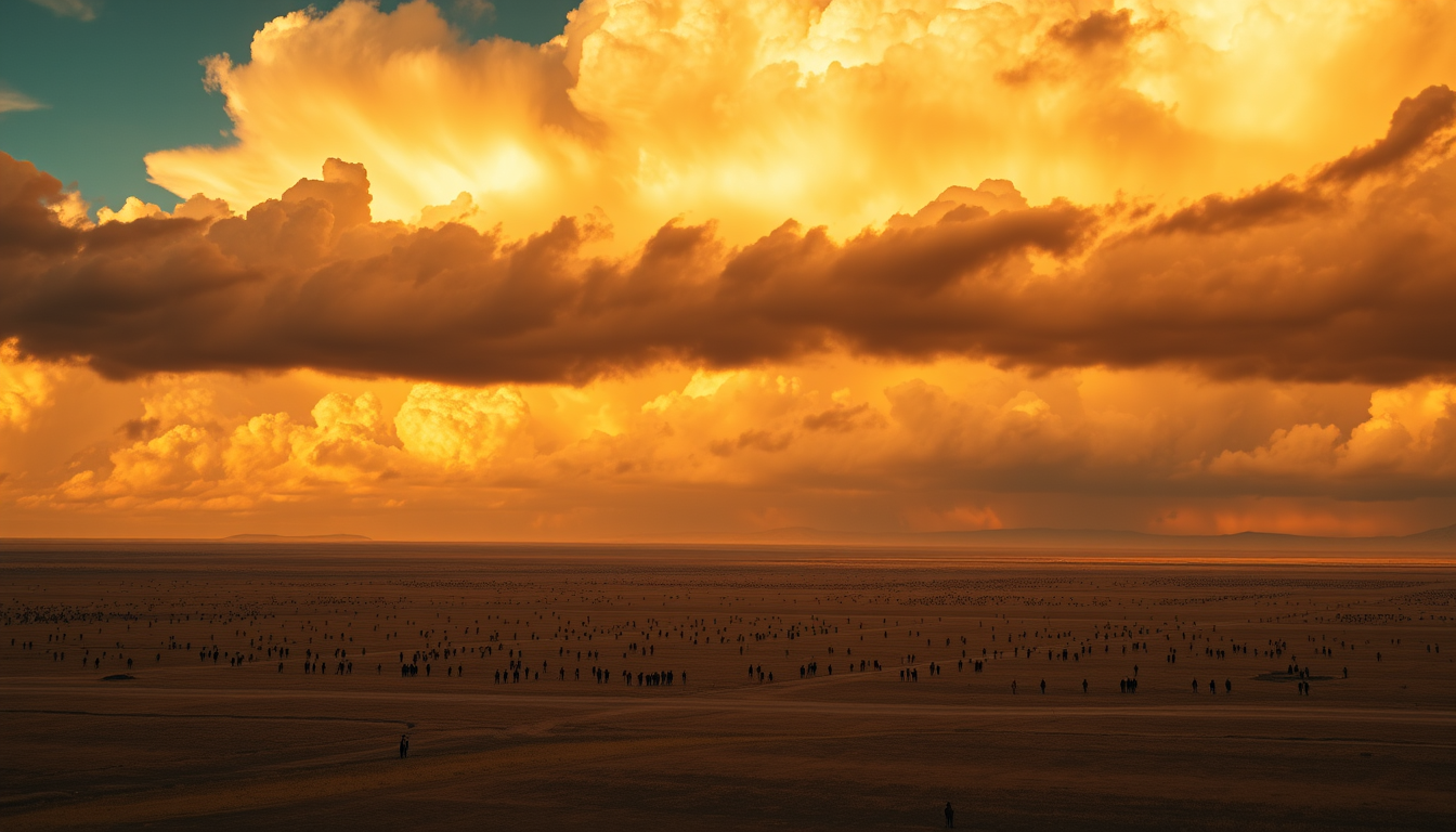 Main art studio: A vast symbolic plain beneath a dramatic sky filled with powerful golden and dark clouds, countless distant silhouettes, overwhelming scale, no identi