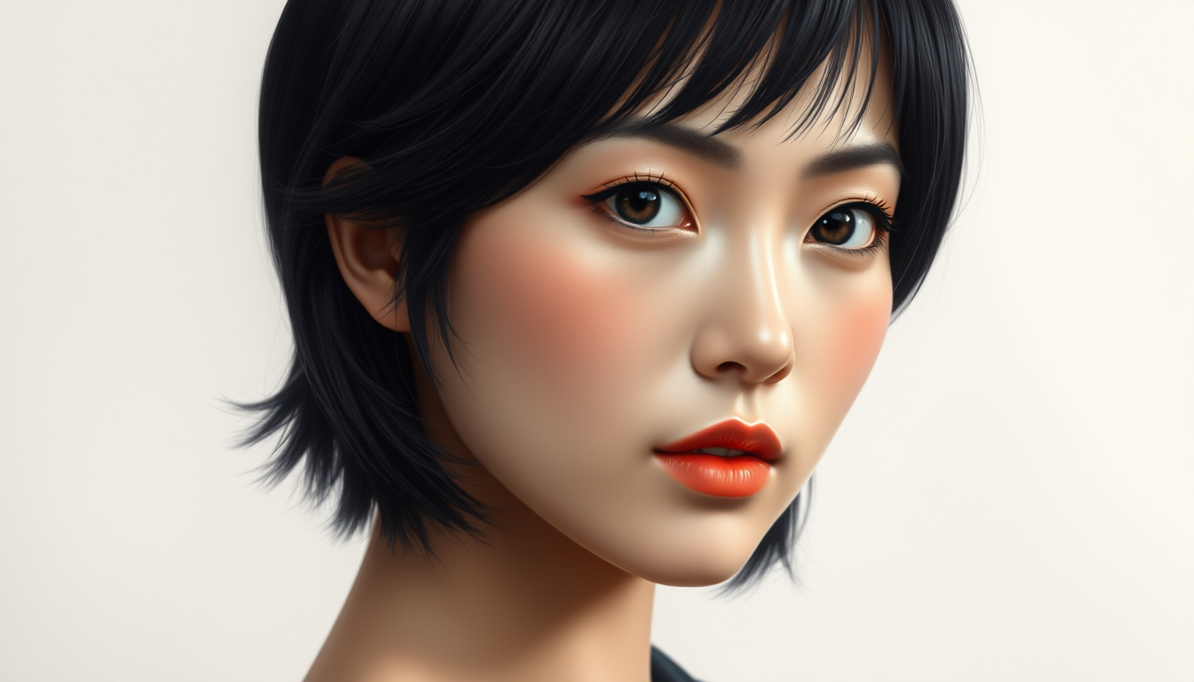 Main art studio: photorealistic portrait of a Japanese woman with short black hair