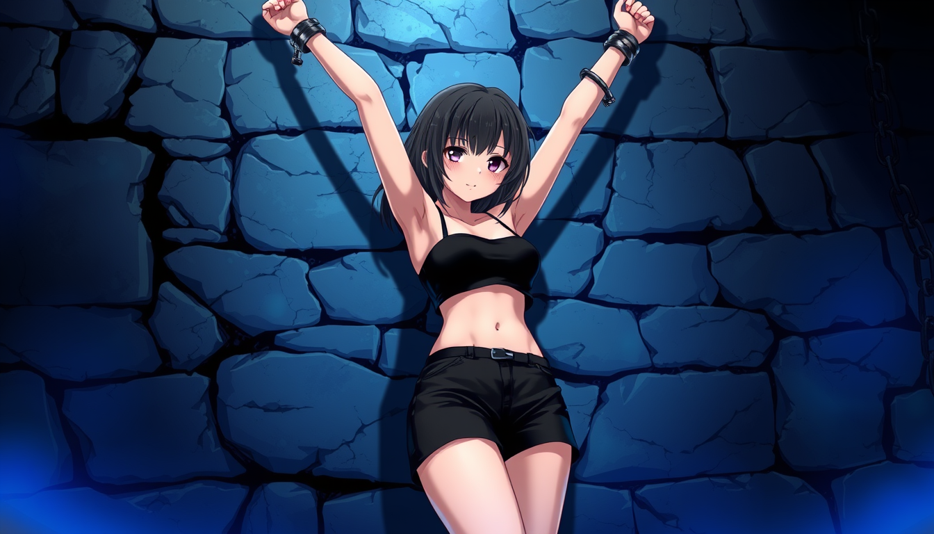 Main art studio: A detailed anime-style illustration of an adult anime girl wearing a black cropped top and short shorts, restrained against a rough grey stone wall by