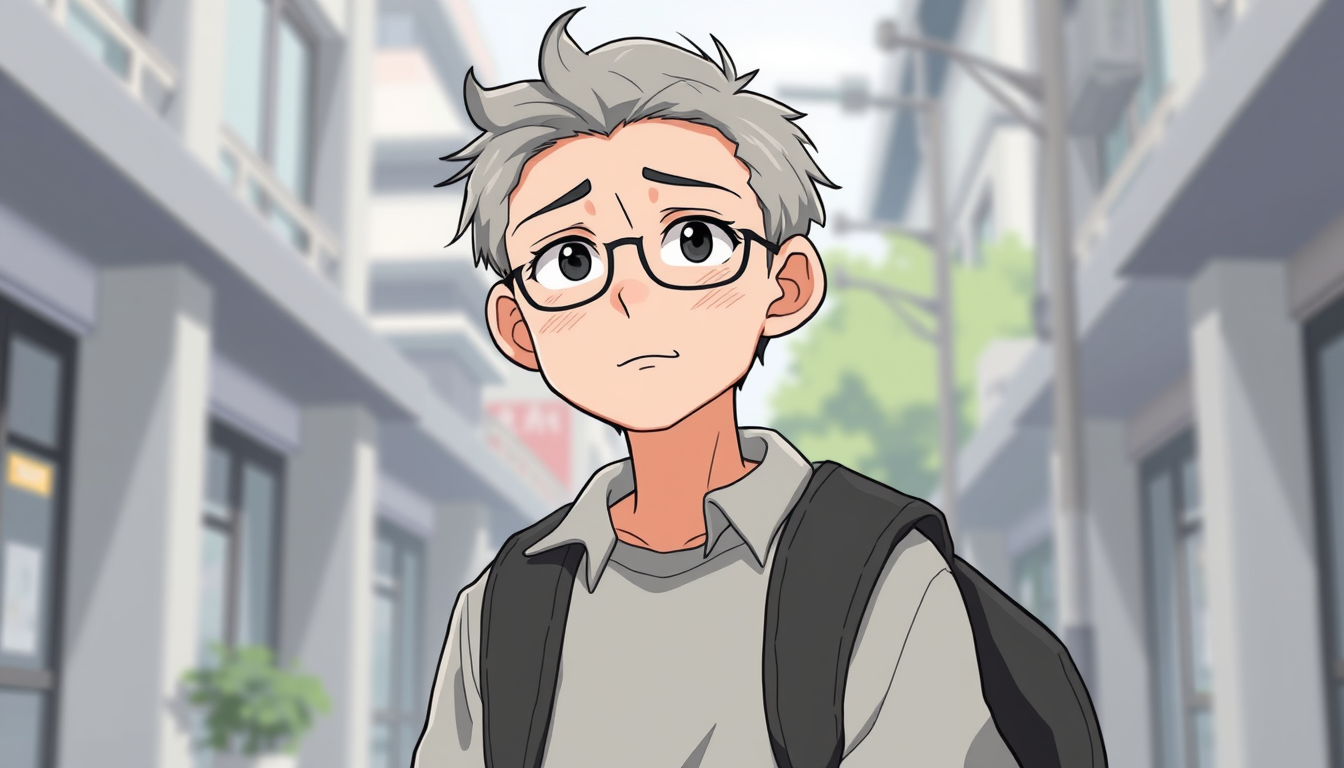 AI Art prompt example created from the prompt: older looking university student, casual campus clothing, slightly tired appearance, understated style like 2d japanese animation.