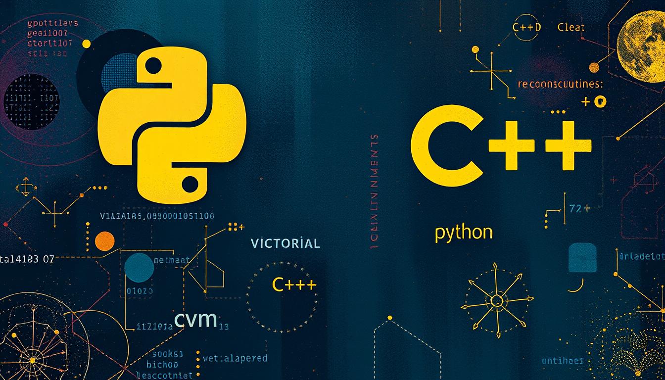 Main art studio: o imagine care sa ilustreze victoria alegerii limbajului Python versus C++. Imaginea sa fie simpatica