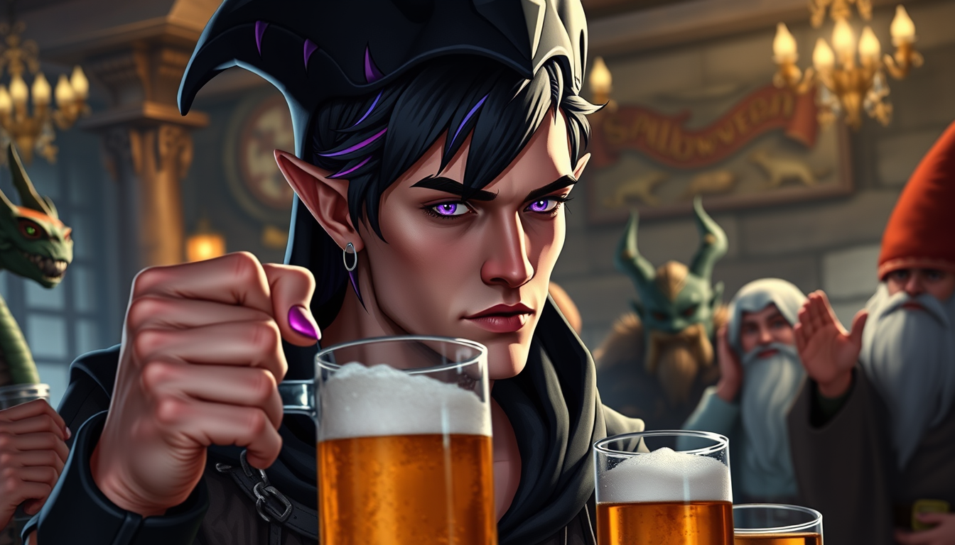 AI Art prompt example created from the prompt: handsome mature adult (30 year old) male elf, serious expression, with a face like Kit Harrington, peach skin, glowing vivid violet eyes, me