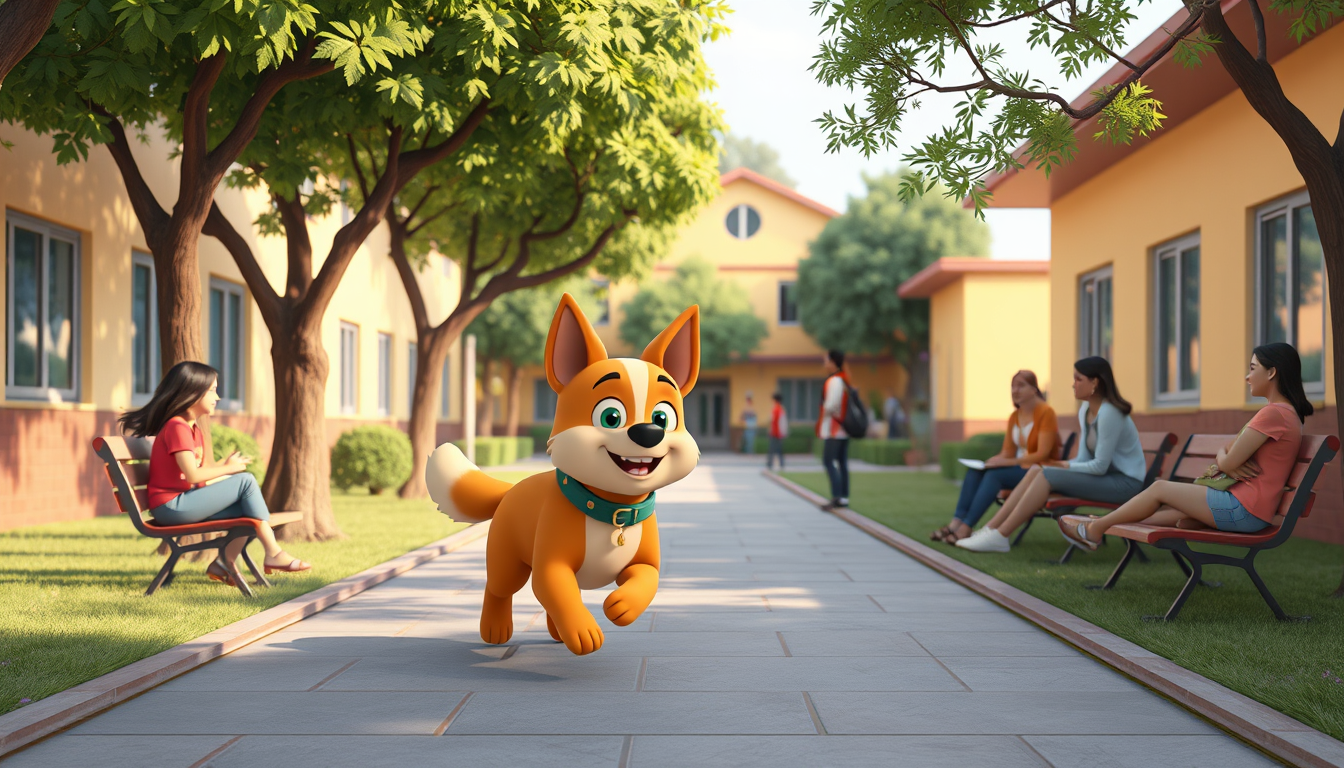 Main art studio: Um cachorro caramelo entrando no pátio de uma escola brasileira, estudantes conversando ao redor, árvores, bancos e uma escola ao fundo, estilo desenh