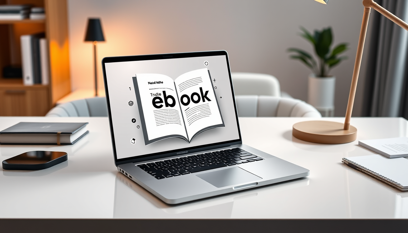 Main art studio: Create a professional modern marketing image for an eBook creation service. Show a stylish laptop on a clean desk displaying a beautiful digital ebook