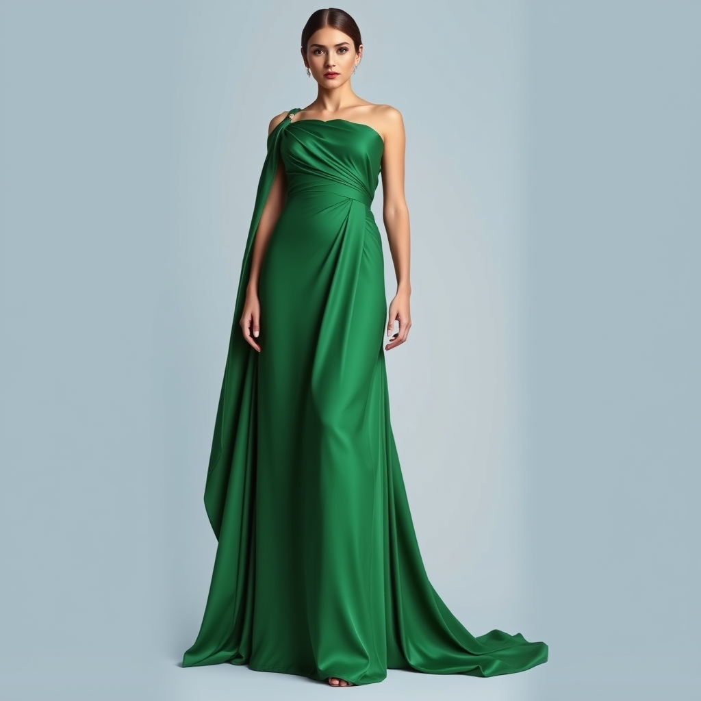 Main art studio: Modern Grecian couture gown, floor-length straight silhouette, off-the-shoulder draped neckline, luxurious emerald green silk jersey, elegant asymmetr