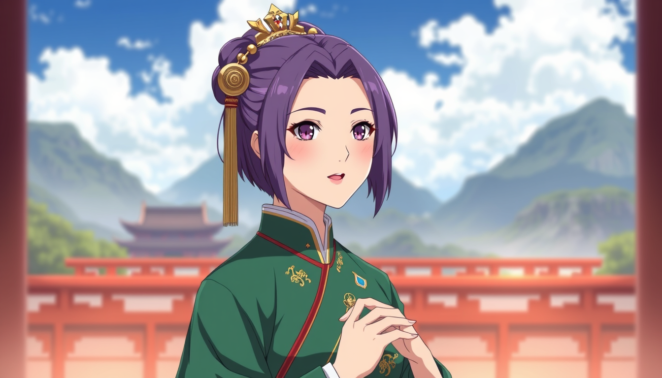 Main art studio: Create a woman emperor of china has short purple hair thats very well maintained and combed and no flaws in hair she is a great mommy charachter but h