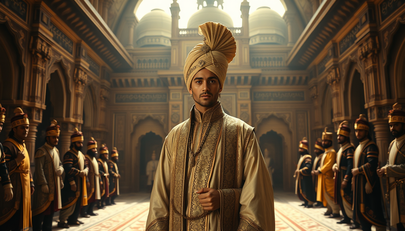 Main art studio: Scene 2 — Akbar Introduction Prompt: A historically inspired young Mughal emperor standing inside a magnificent 16th-century Mughal palace, wearing an