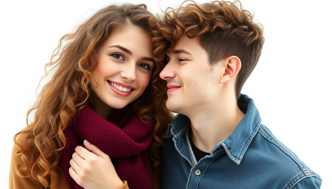 Main art studio: create a image i have a boyfriend he is having little curly hair and he is slim than me i am little chubby and fair . he will be handsome and he loves