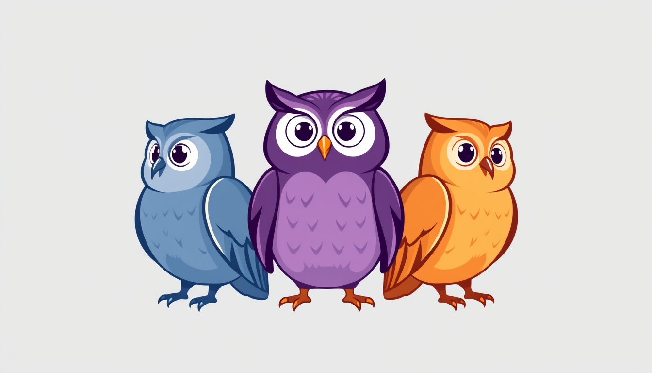 Main art studio: Professional mascot logo for a modern university study app. Exactly three charming owl characters side by side. Left owl is blue-gray, looking slightl