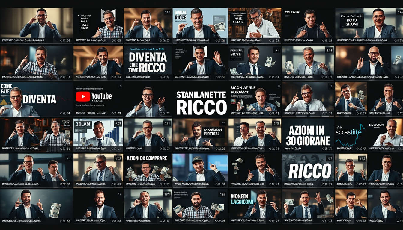 Main art studio: Collage of many fake YouTube finance thumbnails filling the screen, each showing different financial gurus with exaggerated rich-success poses, luxury