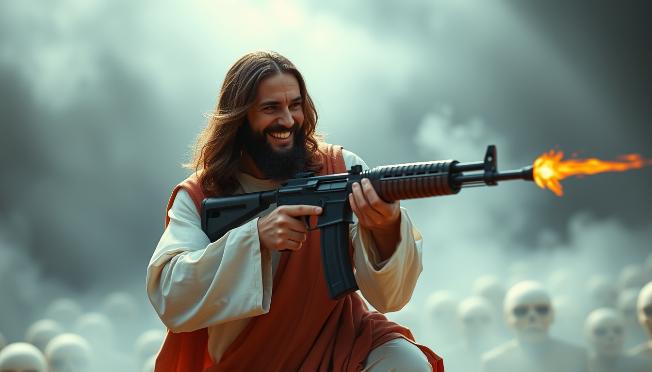 AI Art prompt example created from the prompt: Jesus shooting Donald Trump in the fave with an AK-47 and smiling