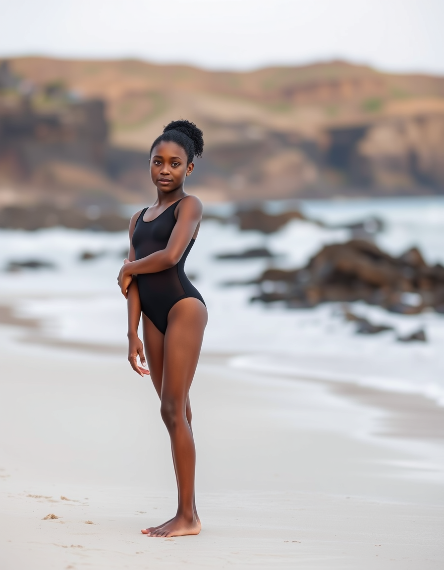 Main art studio: Teen African American gymnast, sheer black leotard, barefoot, standing on beach