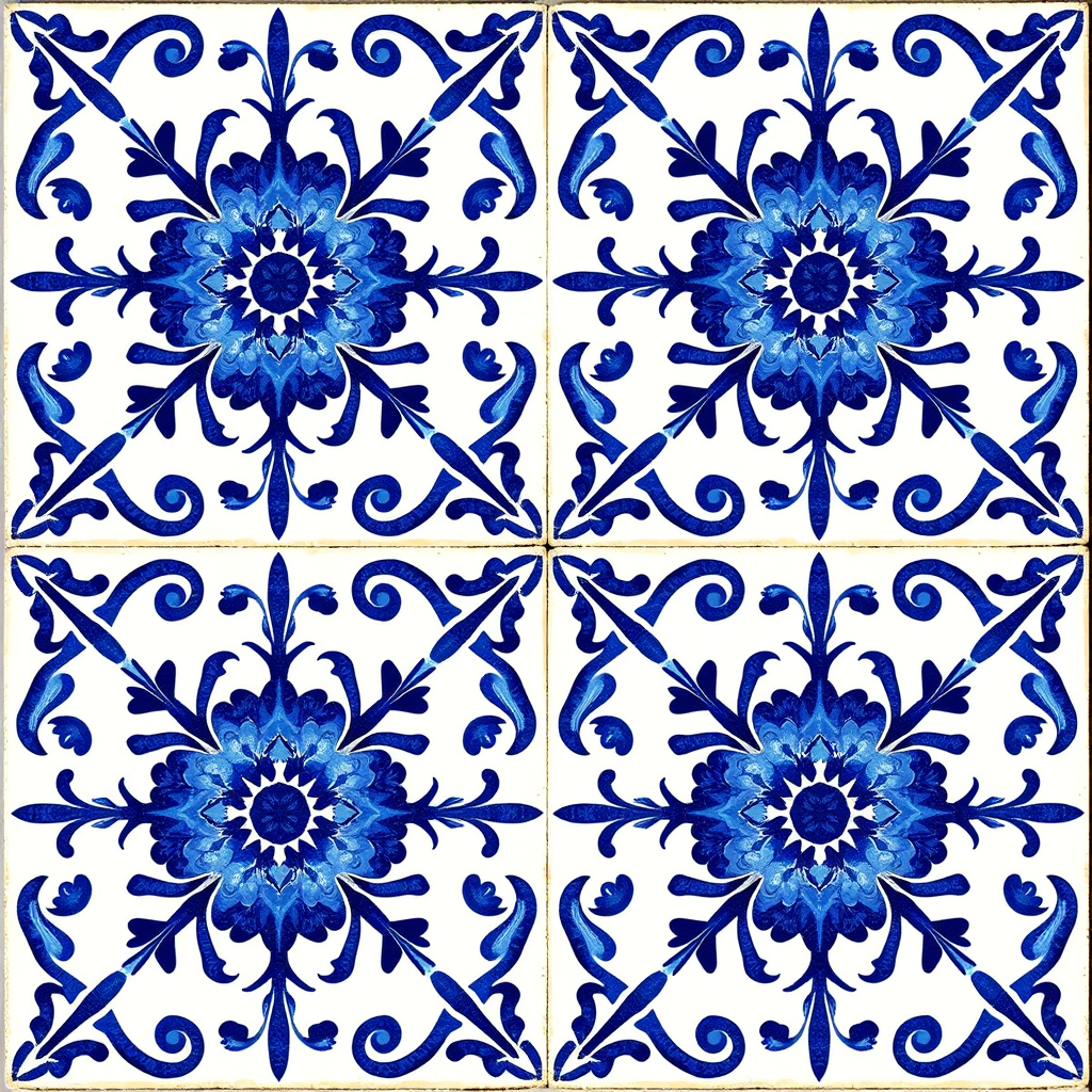 Main art studio: Portuguese Azulejo tile, four tiles combined into one symmetrical blue-white floral pattern