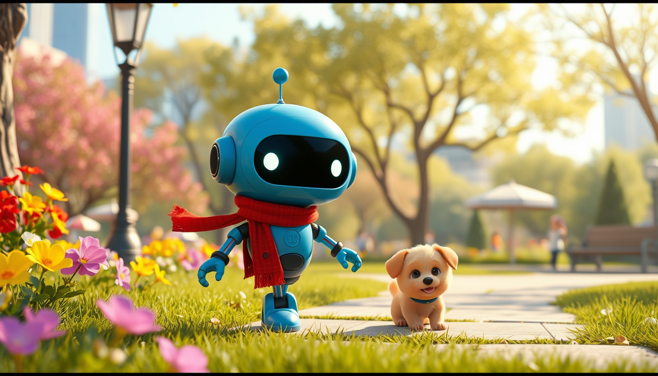Main art studio: Story: “Robot & Lost Puppy” Character: Cute small blue robot, round head, glowing eyes, red scarf; tiny fluffy golden-brown puppy with a blue collar; 