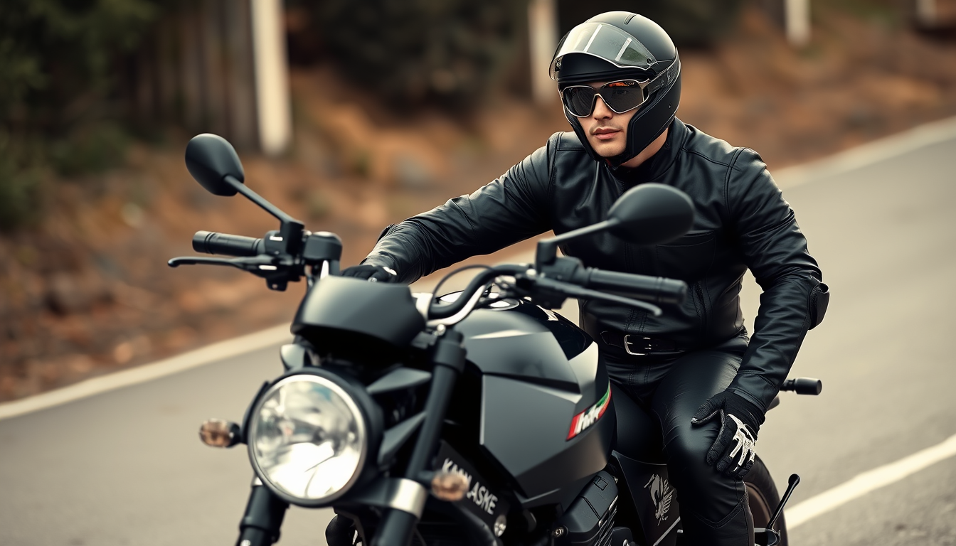 Main art studio: Black ball edition Kawasaki Z900RS. Rider seated on the bike—approx. 176 cm tall, 75 kg, muscular build. Wearing a sporty black leather suit and a bla