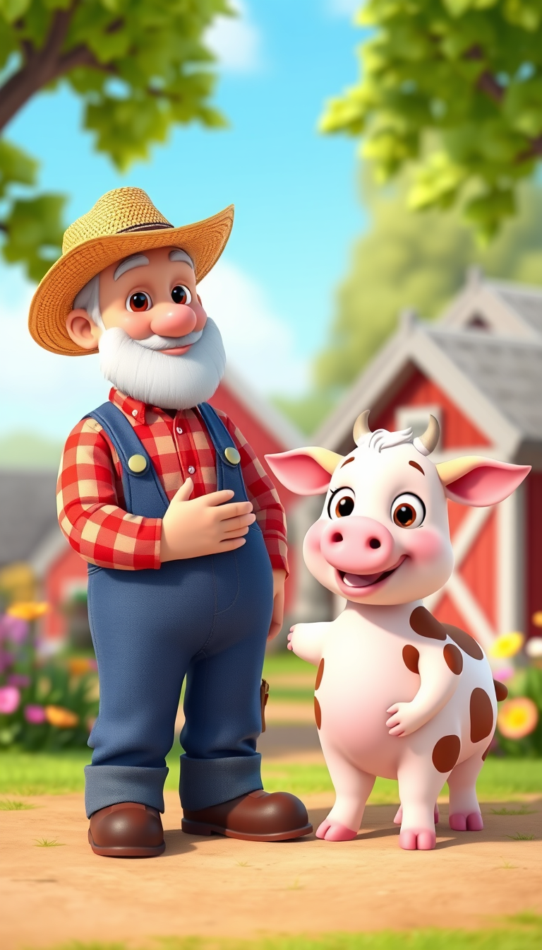 Main art studio: Same Old MacDonald farmer in blue overalls, red plaid shirt and straw hat, happily greeting a cute pink piglet with big round eyes and a cheerful smil