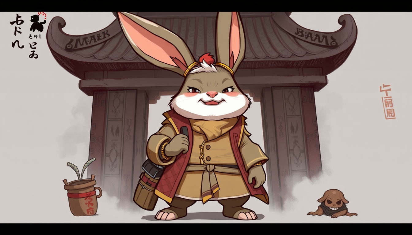 Characters idea: original character design, detailed outfit and accessories, expressive personality, The rabbit character entering the Dragon Palace is a shabby charac