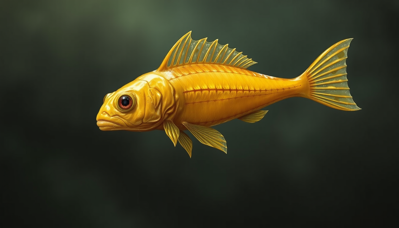 Main art studio: Stylized concept art of the Babel Fish from Douglas Adams’ original novel. A tiny, yellow, leech-like alien, about 8–12 cm long, with a soft, elongate