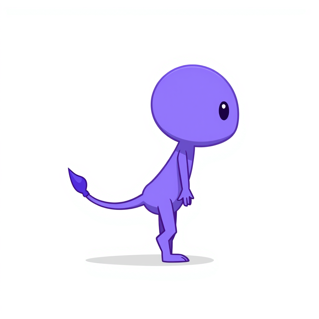 Main art studio: Simple 2D side-view game character, like a Scratch character, facing right, simple humanoid creature, neutral expression, simple round head, small bod