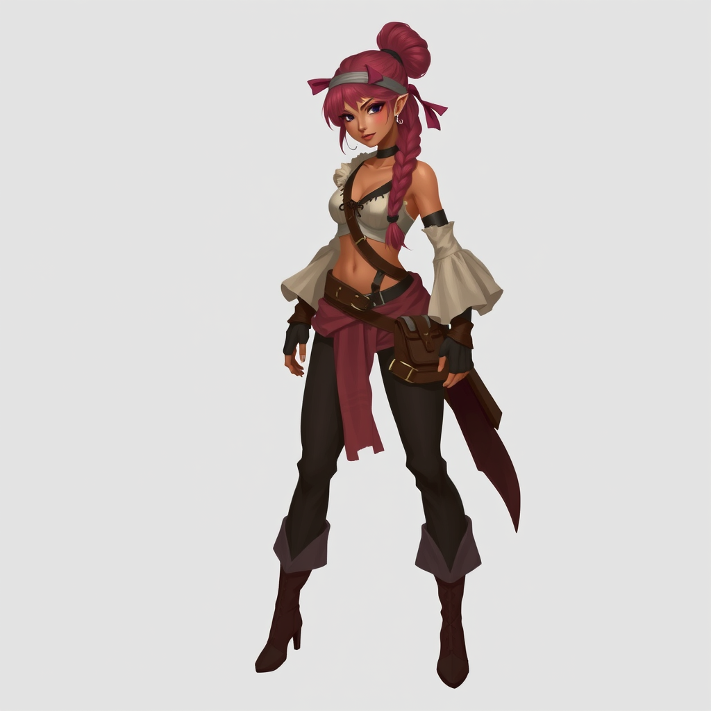 Main art studio: Fantasy concept art style, Adult woman thief, dusty pink braided bun hair, tanned skin, vinok inspired headband with ribbons, dark pants and also with