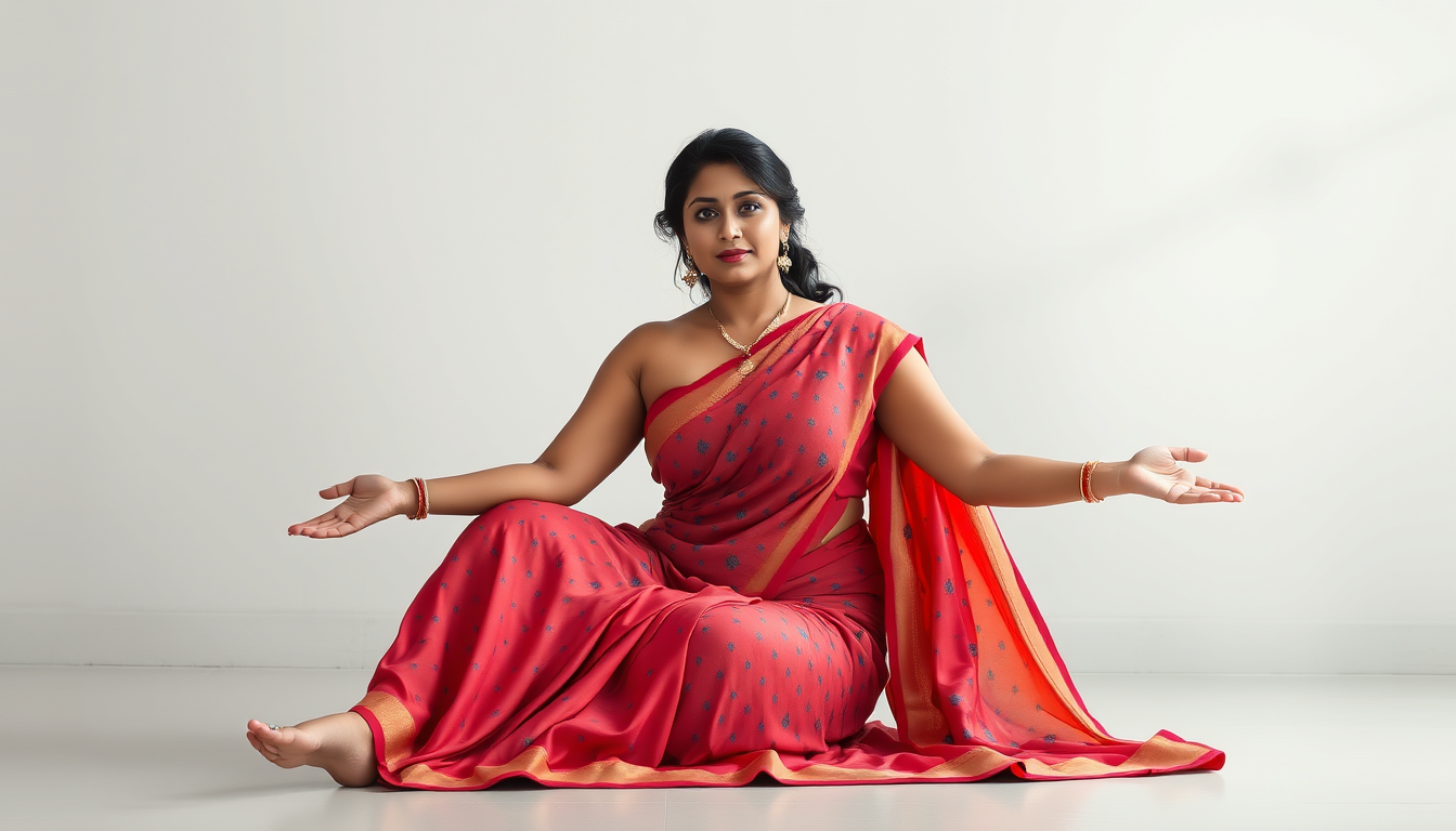 Main art studio: A desi indian woman with curvy busty body in saree hyper realistic sitting down spreading her legs where her blue dotted oanty is visible