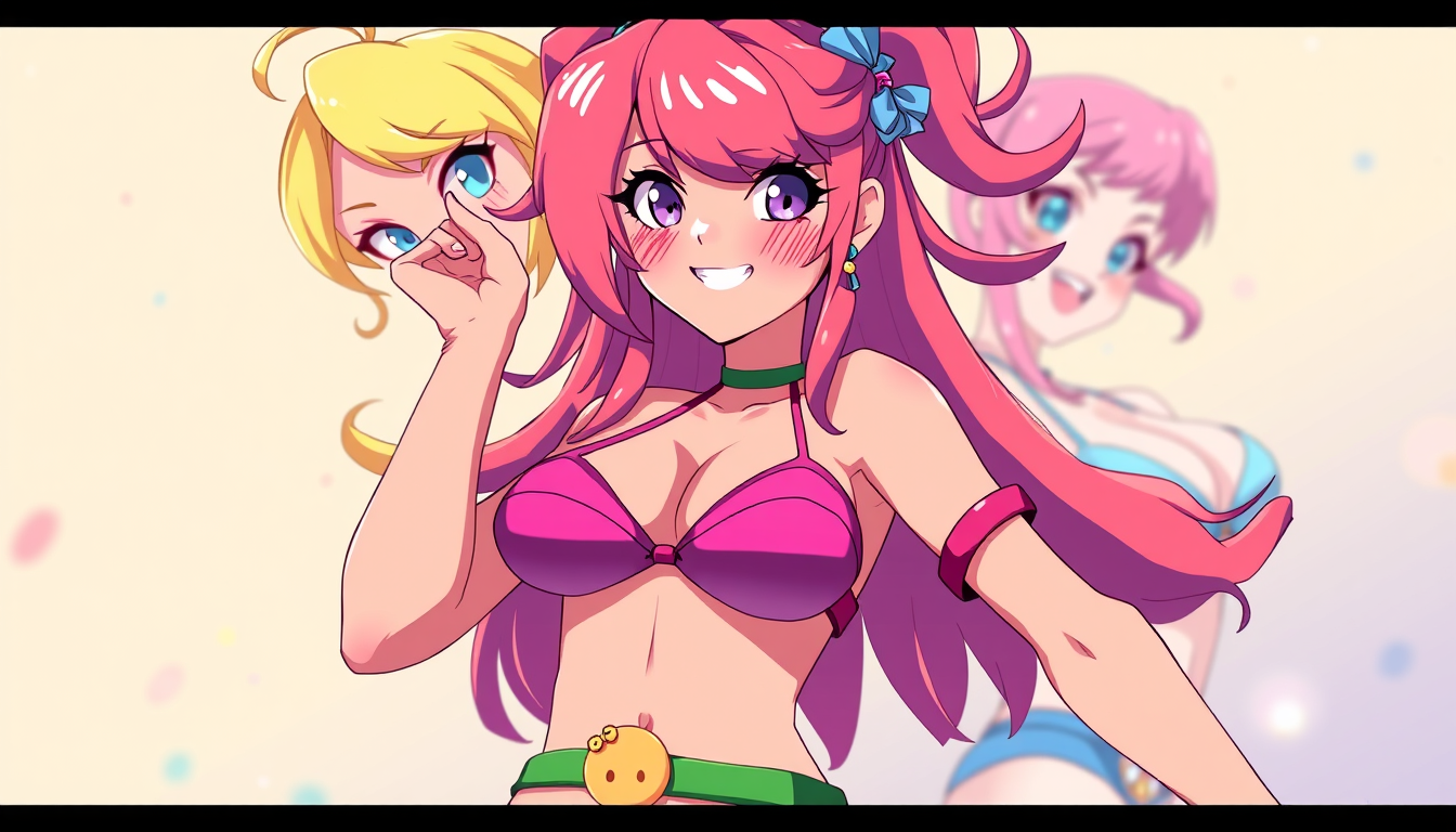 Anime idea: anime style, vibrant colors, expressive eyes, Polly de brawl stars en bikini avec une grosse poitrine , detailed anime illustration