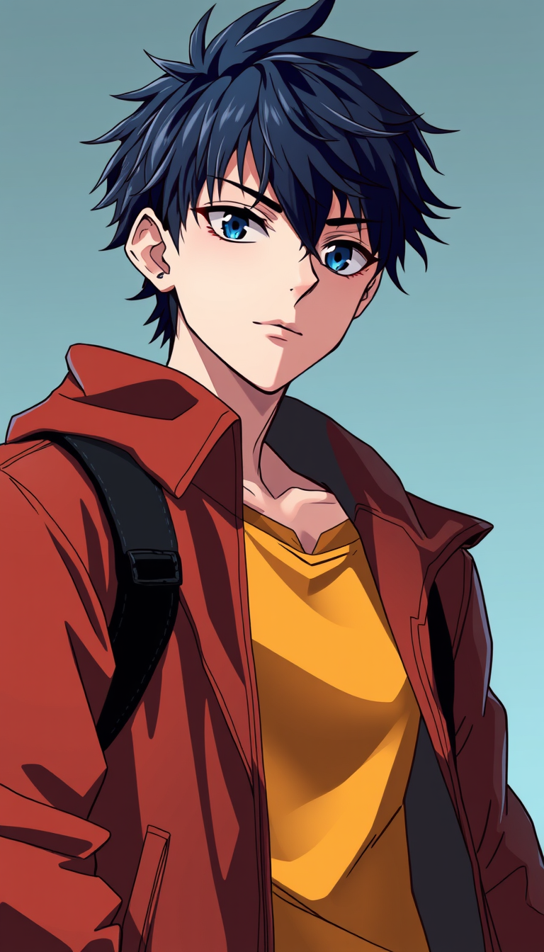 Anime idea: anime style, vibrant colors, expressive eyes, Anime male protagonist, tall and scrawny, pale skin, sharp jawline, messy black hair, dead black-blue ey