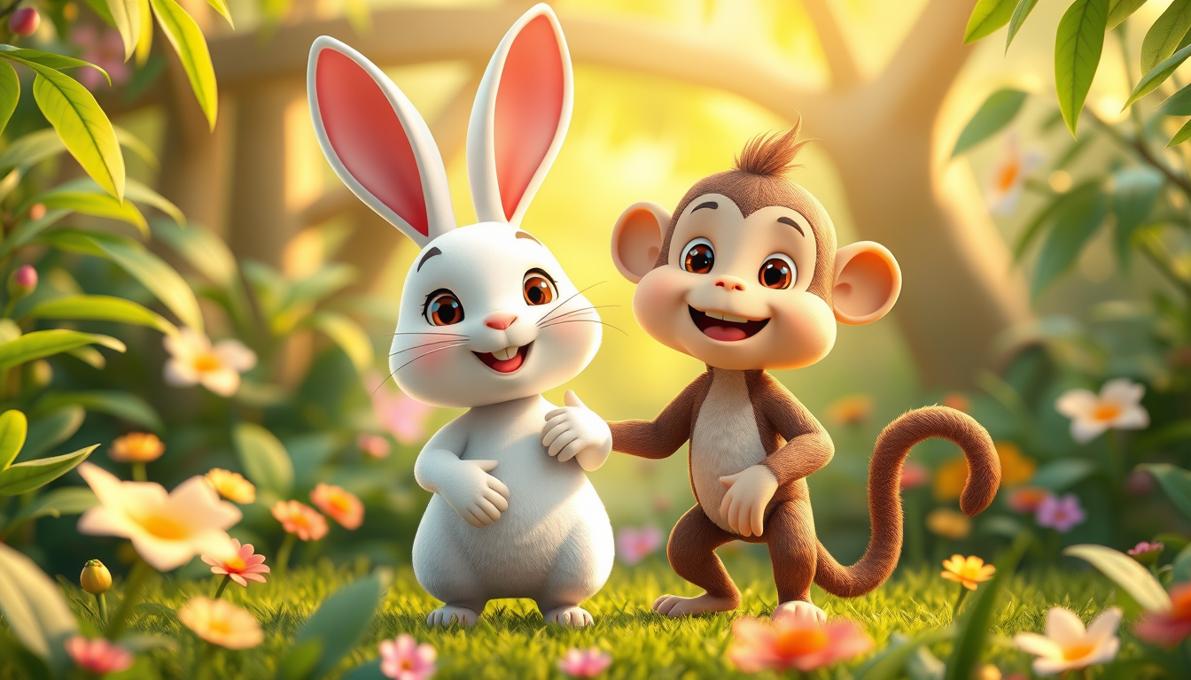 Main art studio: “Cute 3D animated cartoon style, a friendly white rabbit and a playful brown monkey standing together in a beautiful lush green jungle, colorful flowe