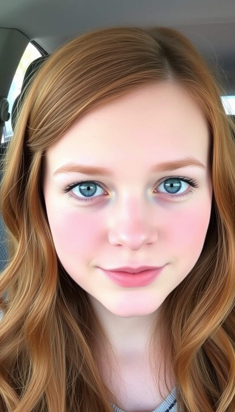 Main art studio: The person in the image is a young woman with fair skin. She has striking blue eyes with well-defined, arched eyebrows. Her nose is small and straight