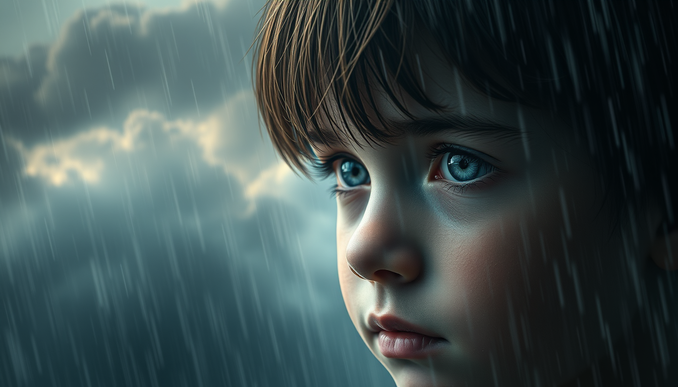 Main art studio: Boy eyes in clouds sad rain 32k uhd enhance
