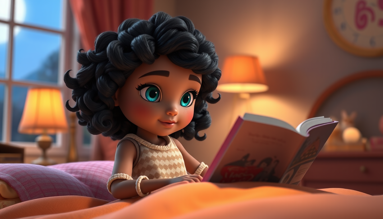 Main art studio: Same Luna from the reference image. High-end 3D animated movie character, realistic 3D rendering, soft detailed skin, realistic curly hair, expressive