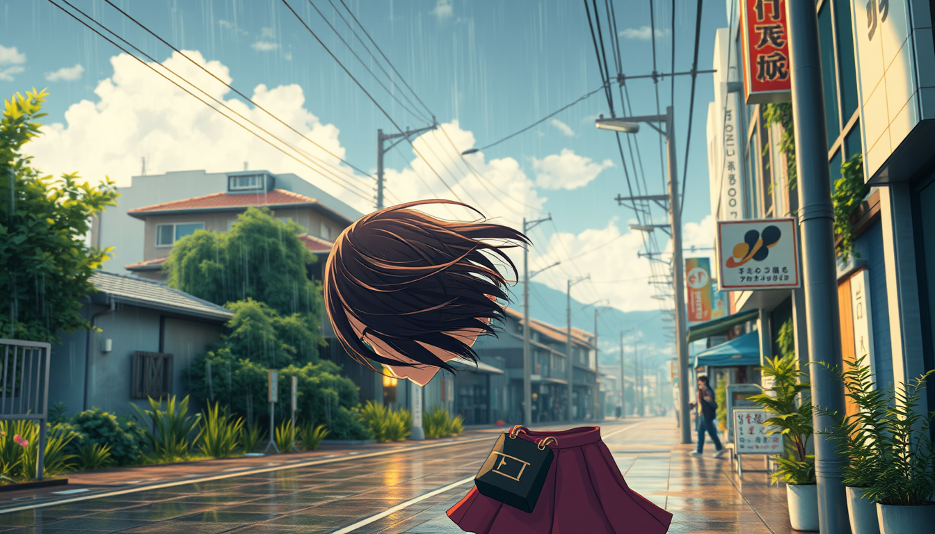 Landscape idea: beautiful landscape, scenic, detailed environment, chica anime girándose hacia la cámara en una calle lluviosa de Tokio, cabello al viento , photoreal
