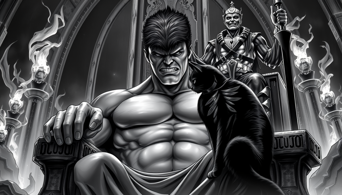 AI Art prompt example created from the prompt: Make that comic book photo of infernal hulk in his throne but make cat noir bowing down to him and make the photo black and white