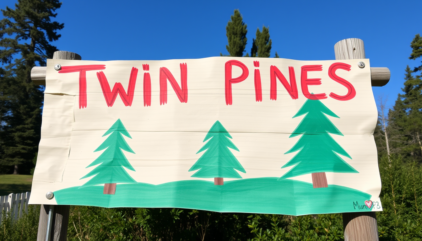 Main art studio: A homemade sign that reads, Twin Pines. Looks like kid's made it.