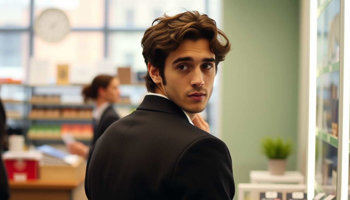 Main art studio: Can u create me a blurry image of timothee chalamet in a work place talking to someone as if he’s a customer. Like a business in London. Like someone