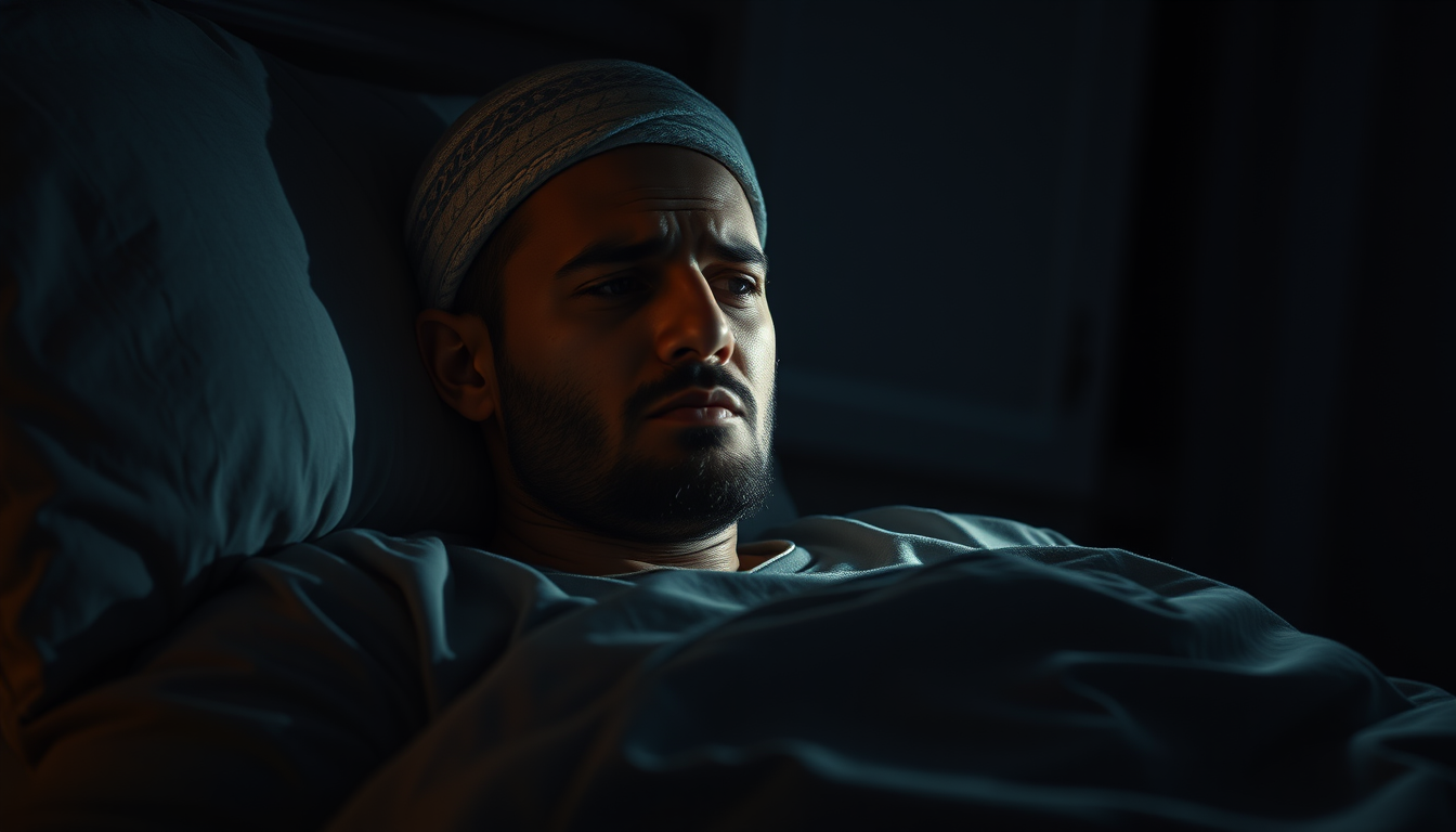 Main art studio: Muslim man suddenly waking from sleep at night, breathing heavily, moonlight illuminating his worried face, realistic bedroom, dramatic cinematic shad
