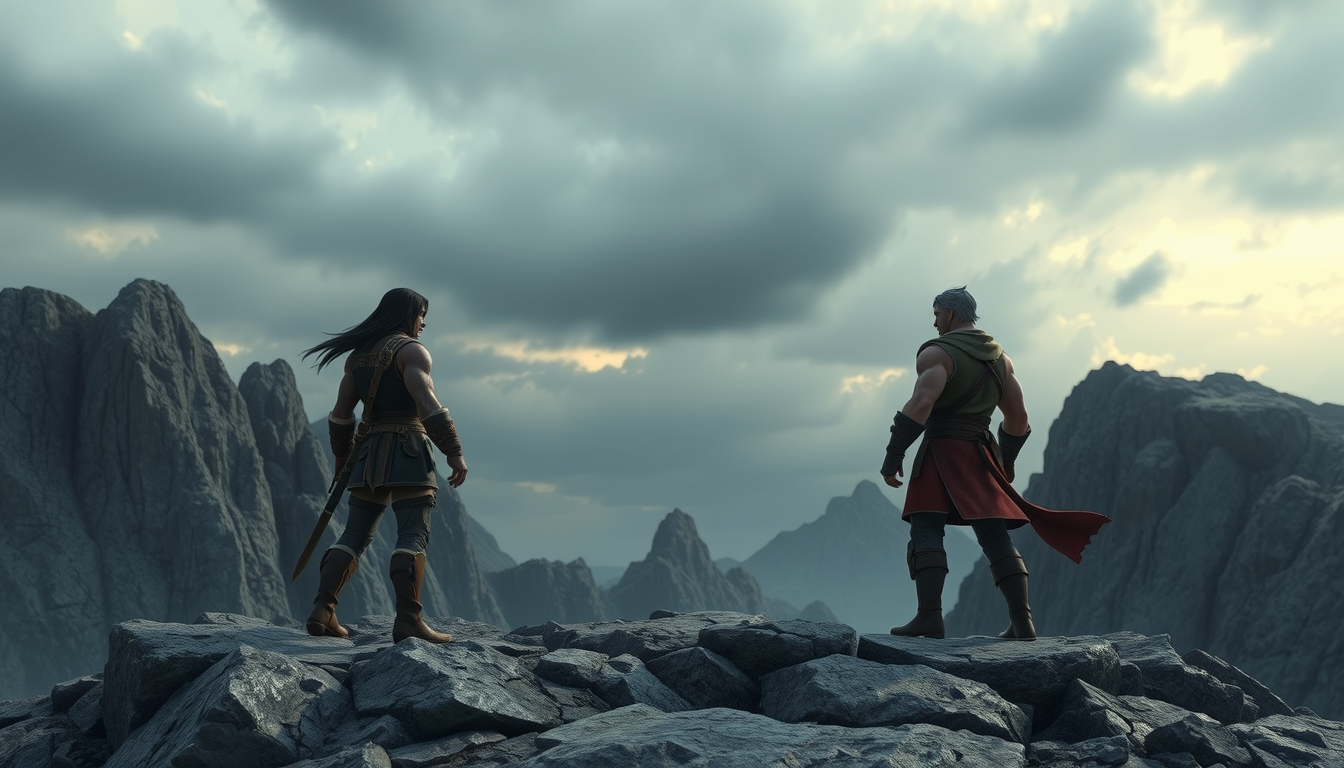 Main art studio: Two original fictional fighters standing far apart on a huge rocky mountain peak, facing each other and staring silently, full body visible, dramatic